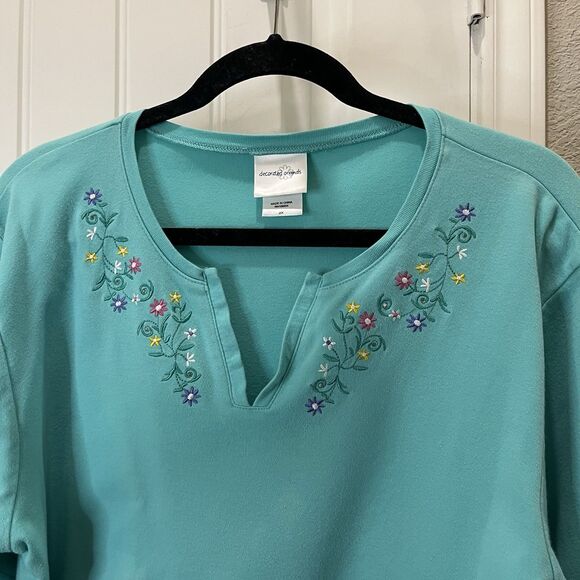Decorated Originals VTG Teal Blue Floral Embroidered V Neck Top Womens Size 2X - Picture 2 of 9